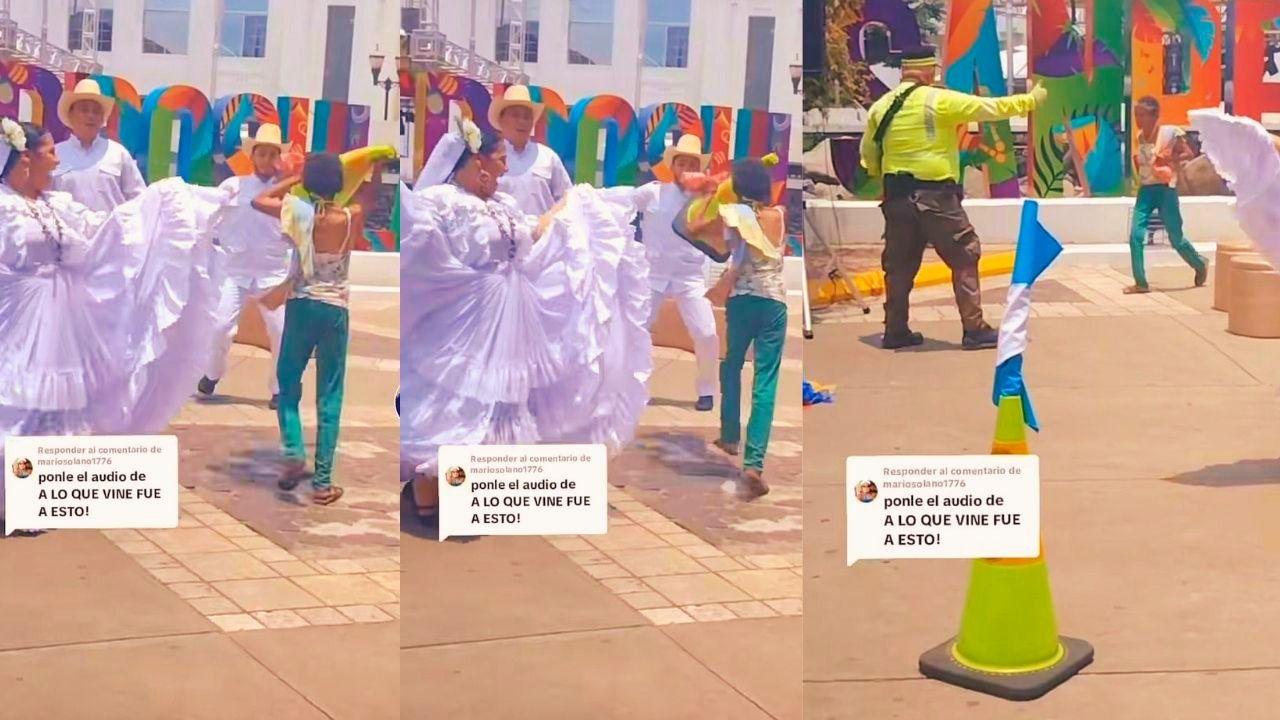 Imagen Principal de Nota: Mujer lanza un cono de tráfico a hondureño y él sigue bailando danza folclórica