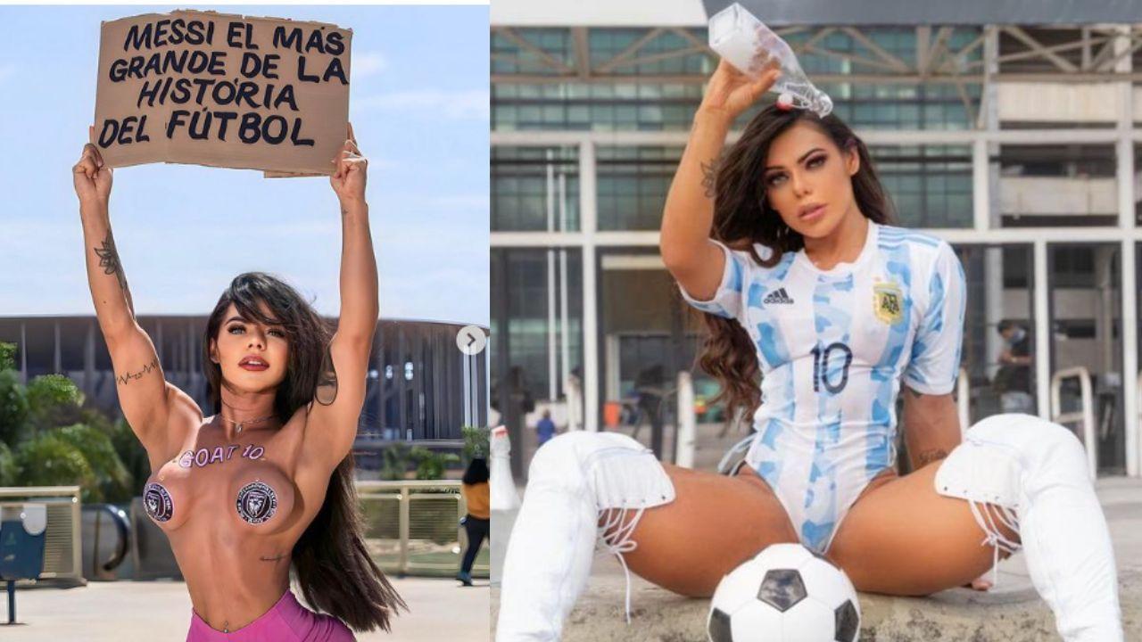 Imagen Principal de Nota: Suzy Cortez se desviste frente a estadio para homenaje a Messi con body paint del Inter Miami
