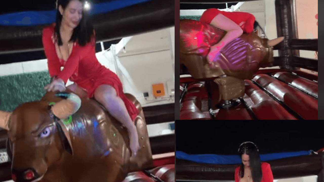 Imagen de Mujer sube a un toro mecánico usando vestido y paraliza internet