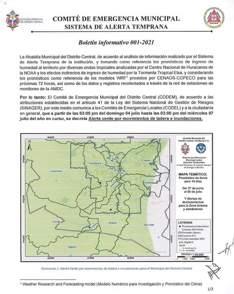 Imagen Principal de Nota: Alerta verde por 72 horas en la capital de Honduras