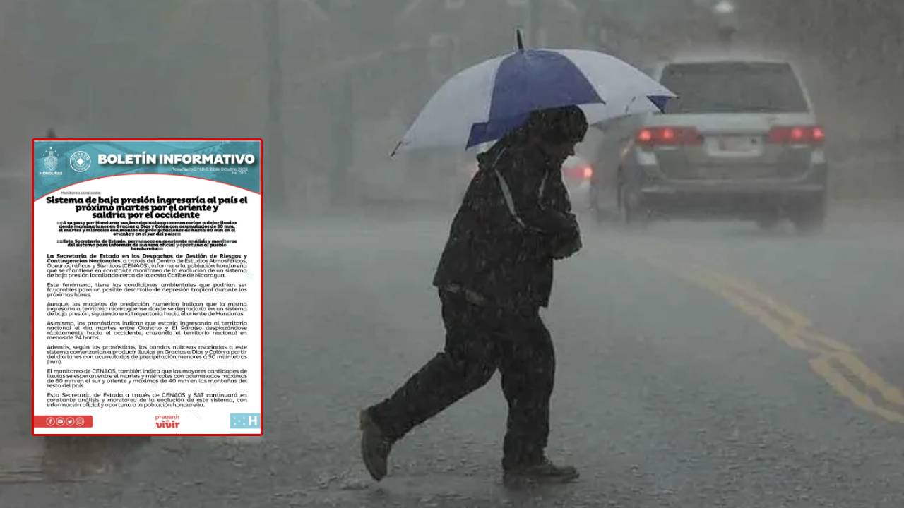Imagen de Fuertes lluvias azotarán a Honduras a partir del martes por ingreso de un sistema de baja presión