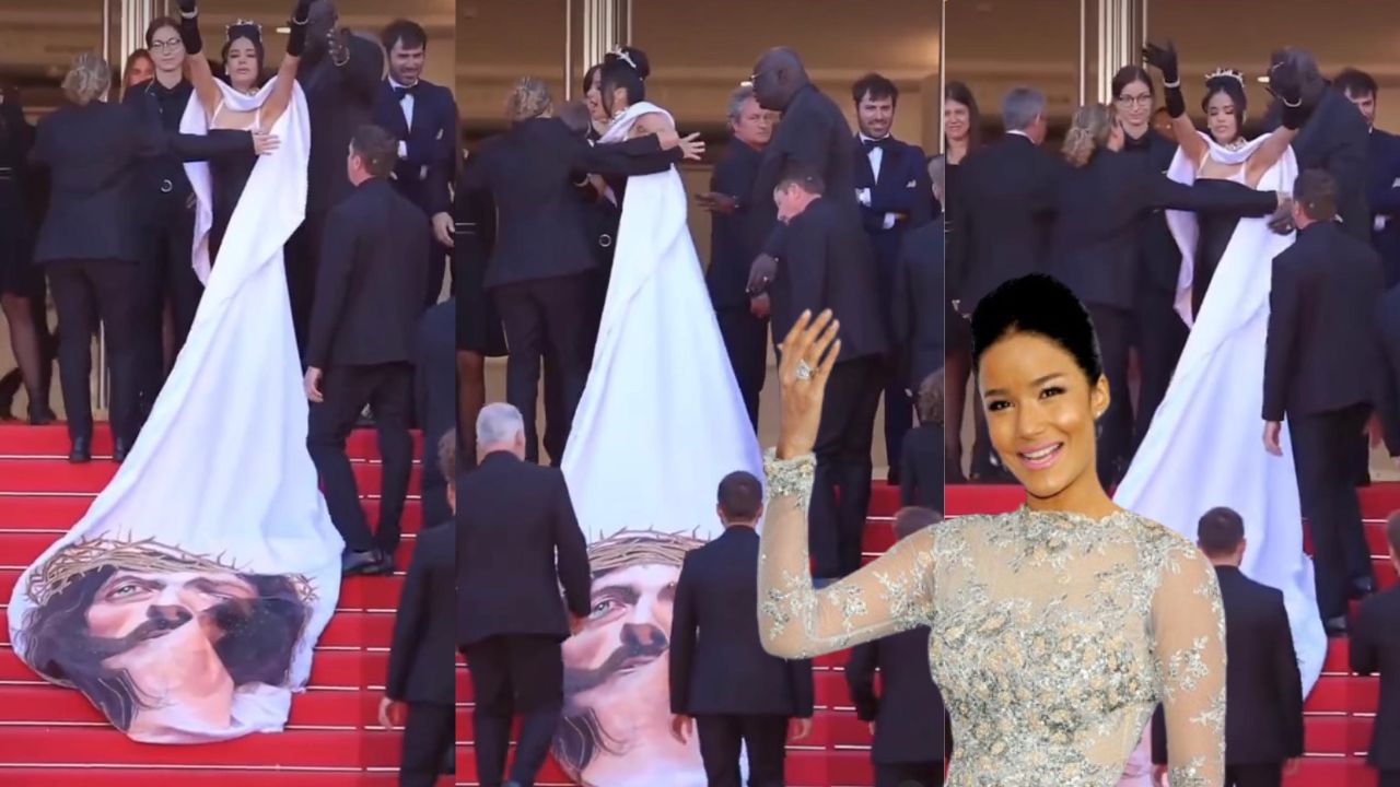 Imagen de Massiel Taveras y guardia de seguridad chocan por vestido con imagen de Jesús en Festival de Cannes