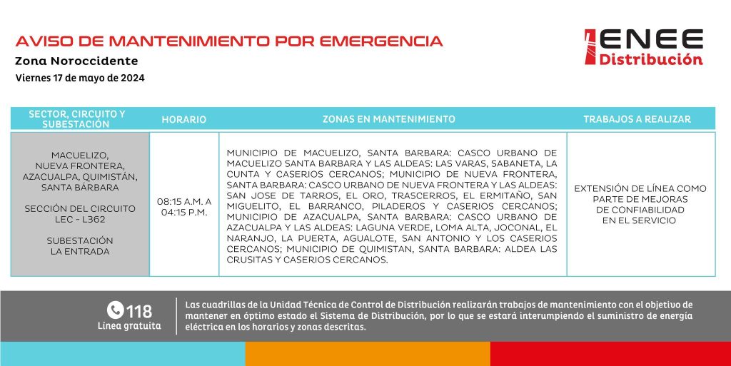 Cortes de energía eléctrica programados por la ENEE para mañana viernes 17 de mayo. Foto: ENEE