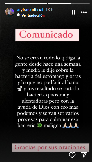 Frank Almendarez pide oraciones por su salud