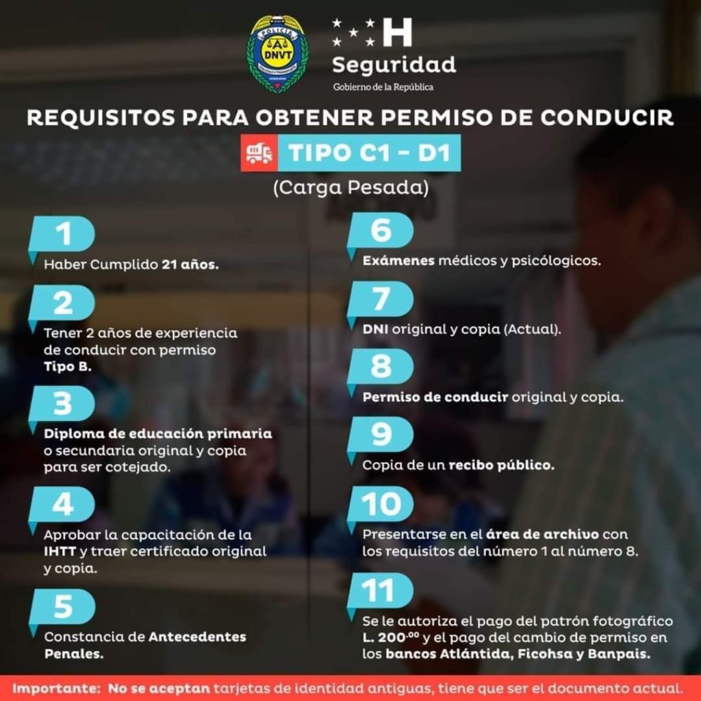 Requisitos específicos para licencia Tipo C1 - D1 (Carga Pesada):