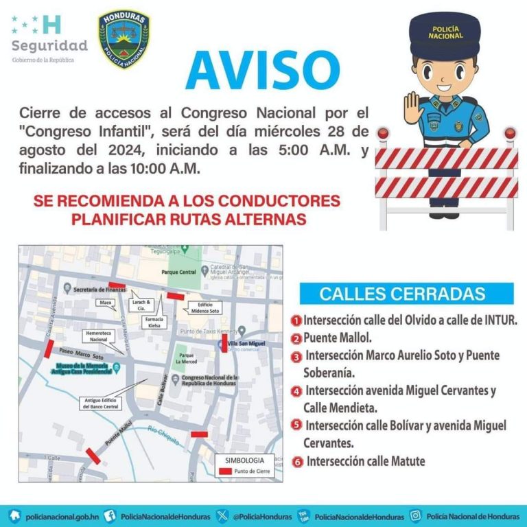 Tegucigalpa: Cierres viales por Congreso Infantil este miércoles 28 de agosto