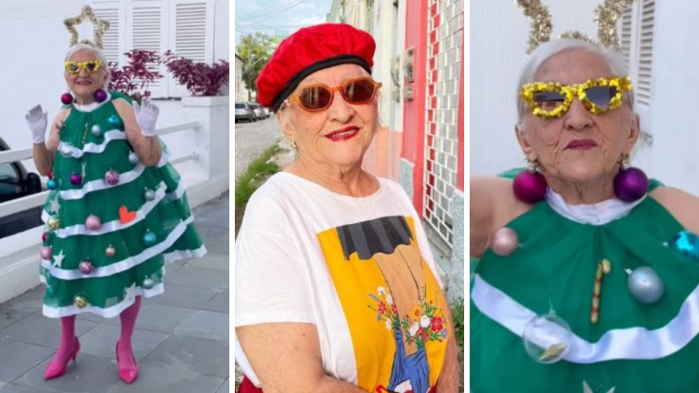 Imagen Principal de Nota: ¡Sorprendente y adorable! Abuelita brasileña deslumbra con un vestido en forma de árbol de Navidad