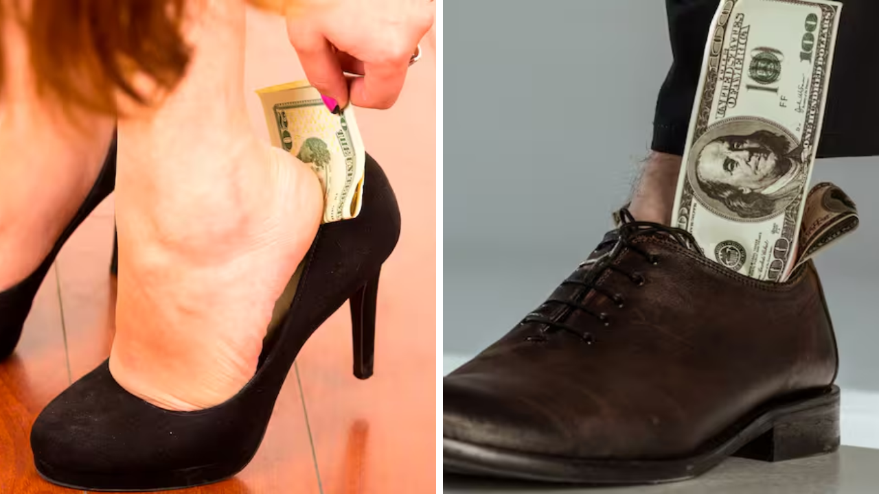 personas poniendo un billete en su zapato del pie derecho