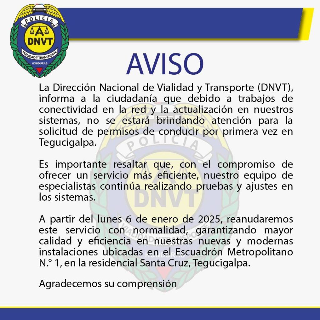 DNVT anuncia cambio de sede para emisión de licencias de conducir en Tegucigalpa
