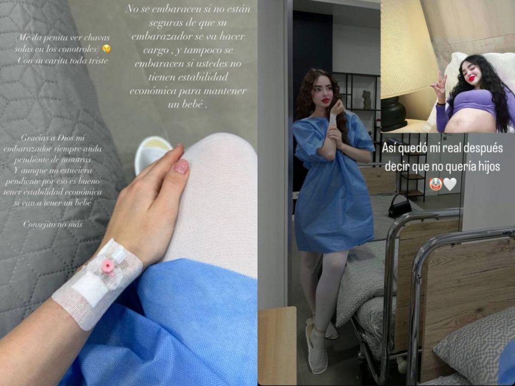 Mujer luce su embarao desde un hospital