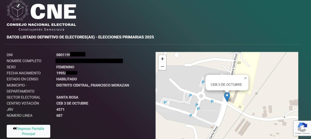 Captura del Sistema del CNE en donde aparecen los datos de donde votar y si estoy habilitado
