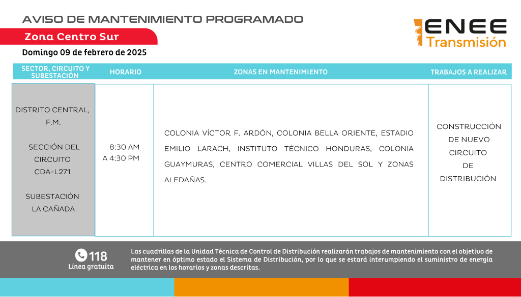 Amplios cortes de energía programados en Honduras este domingo