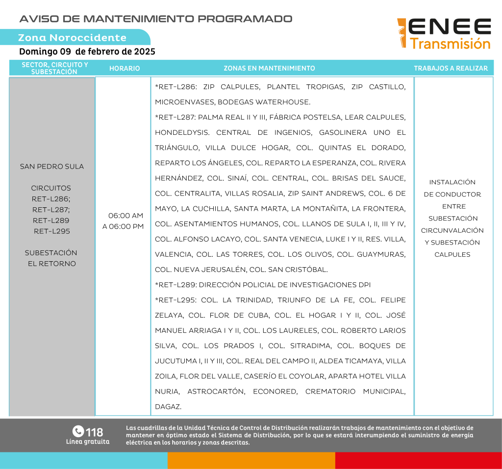 Amplios cortes de energía programados en Honduras este domingo