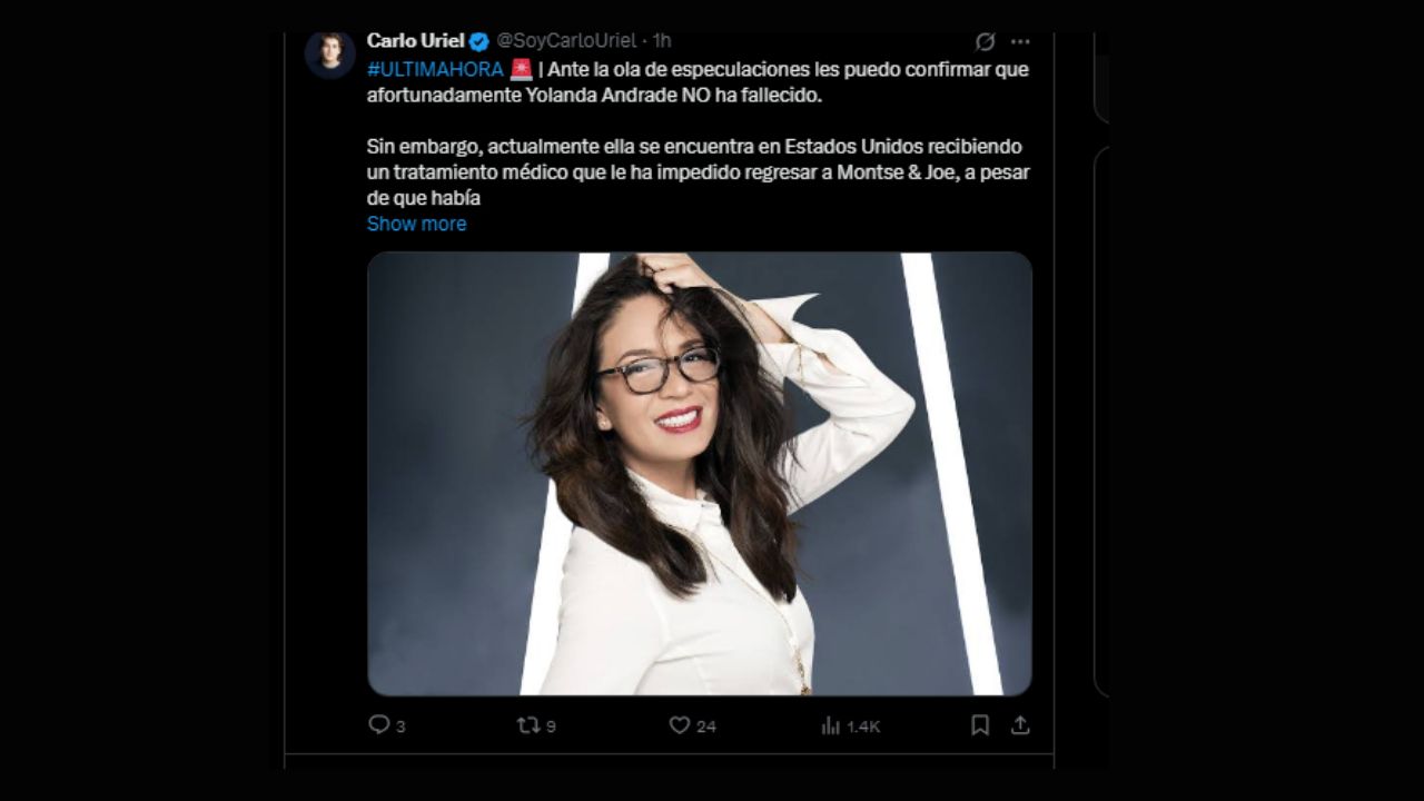 captura de pantalla del twit de carlo Uriel desmintiendo la noticia del fallecimiento de Yolanda Andrade