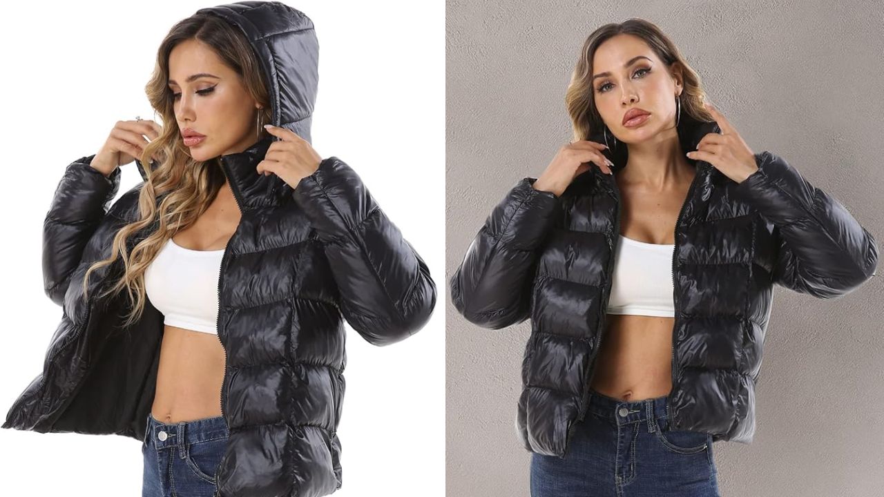 mujer posando con chaqueta acolchadas