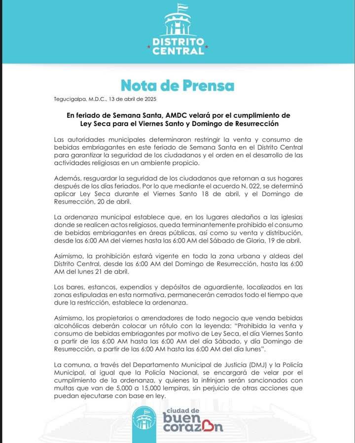 Ley seca durante este feriado de Semana Santa