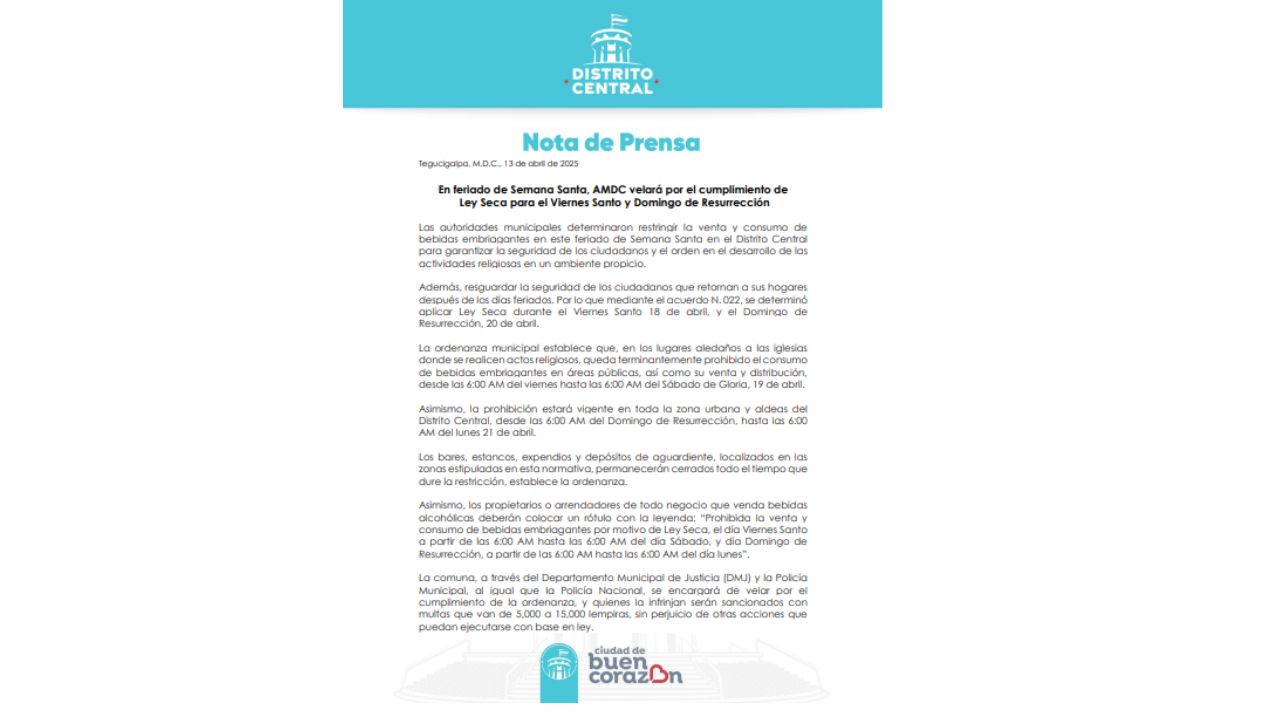 nota de prensa sobre a ley seca en Tegucigalpa