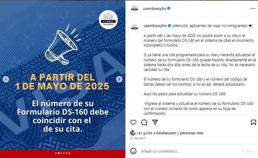 Emabajada de EEUU anuncia nuevo requisito