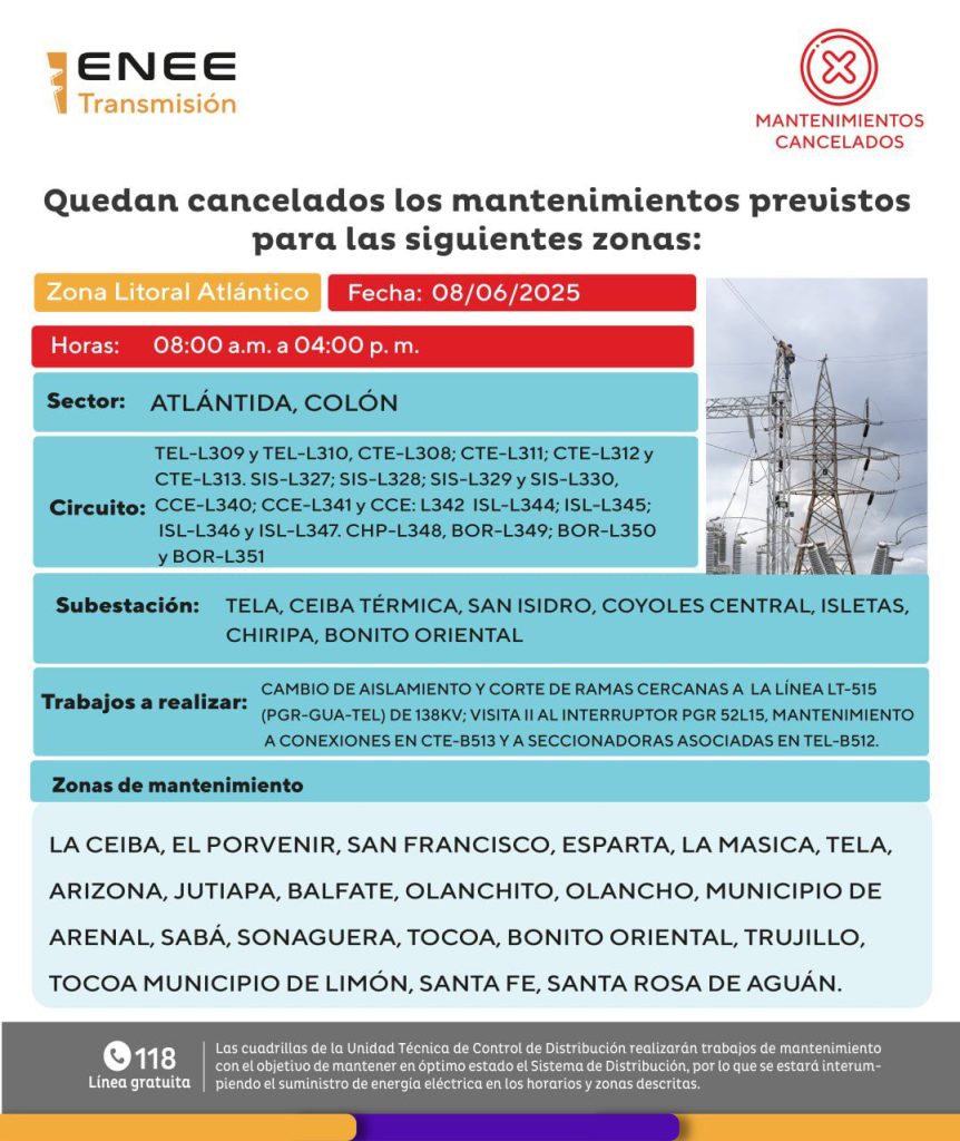 La Empresa Nacional de Energía Eléctrica (ENEE) ha anunciado cortes programados