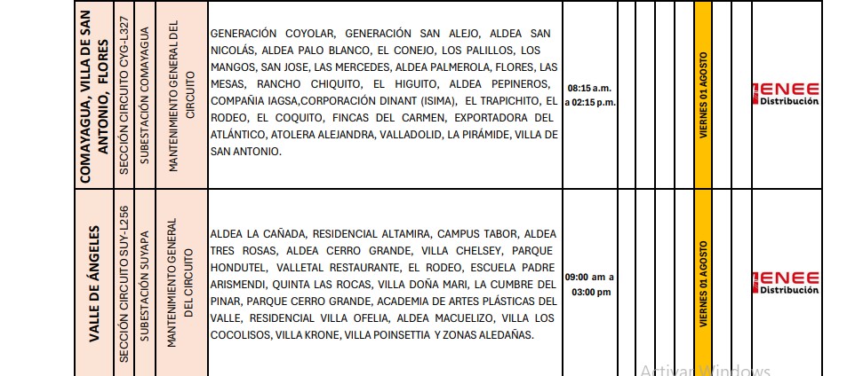 Cortes programados por ENEE afectarán varias comunidades este 1 de agosto