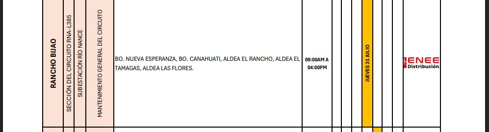 Corte de energía programado en Rancho Bijao y zonas aledañas