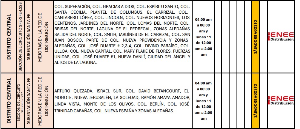 ENEE anuncia cortes de energía para este sábado 9 de agosto en varias regiones