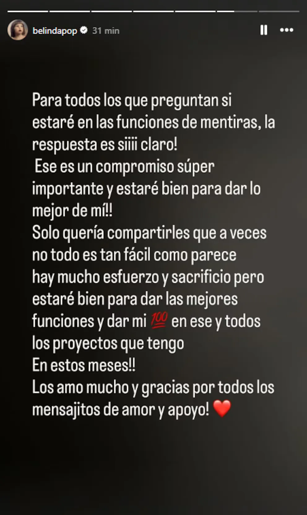 Belinda y si mensaje en Instagram
