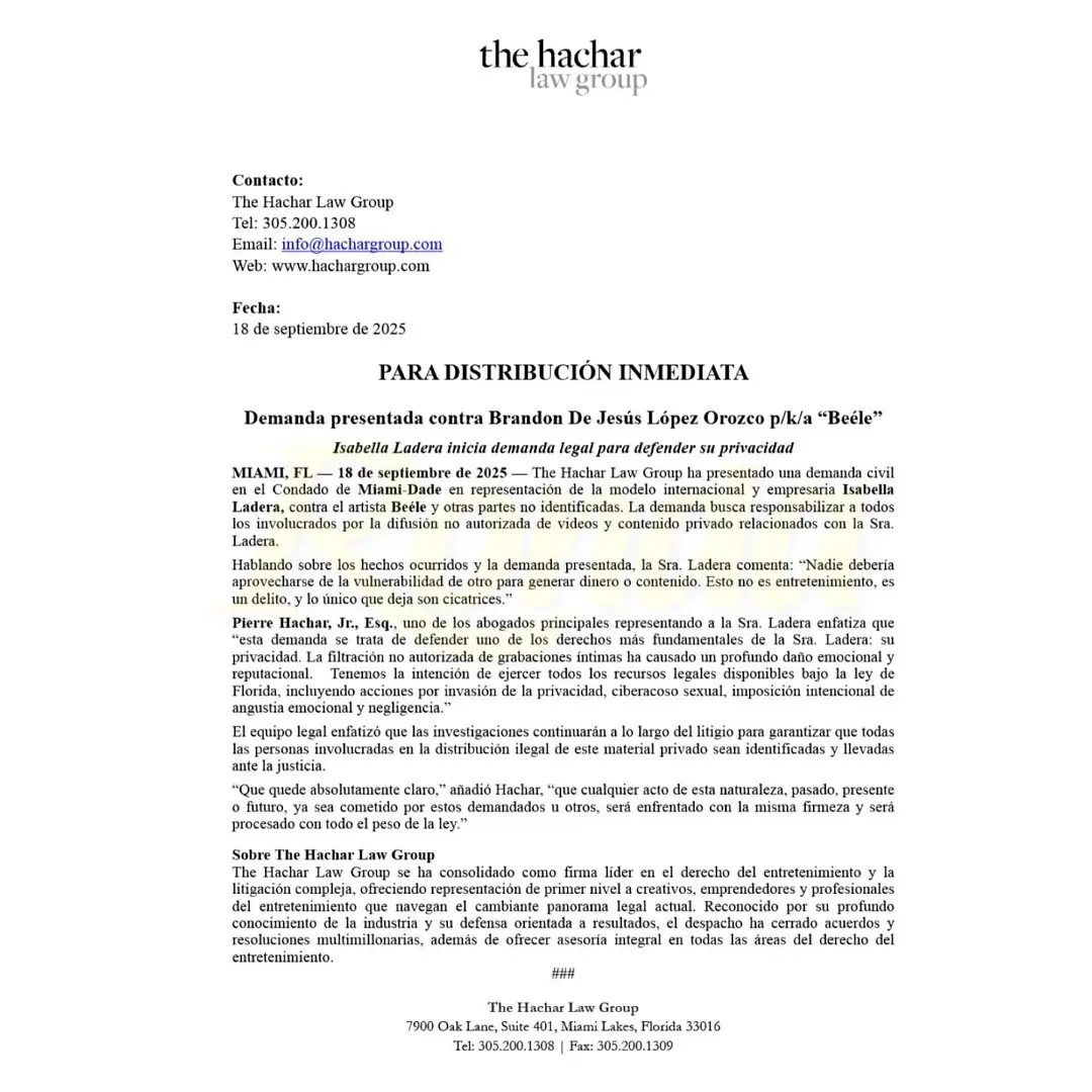 Comunicado de la demanda hacia Beéle.  