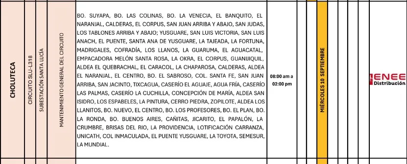Cuadro con la lista de colonias donde habrá cortes de energía eléctrica