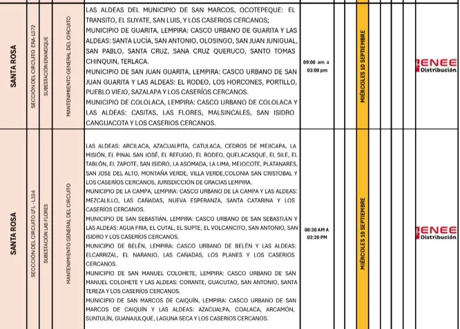 Cuadro con la lista de colonias donde habrá cortes de energía eléctrica