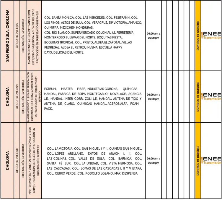 Lista de lugares programados para los cortes de energía eléctrica.