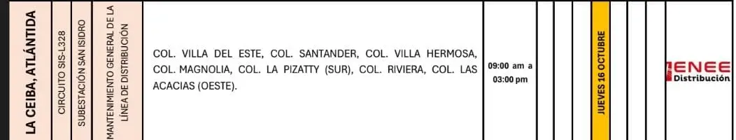 Lista de lugares programados para los cortes de energía eléctrica.