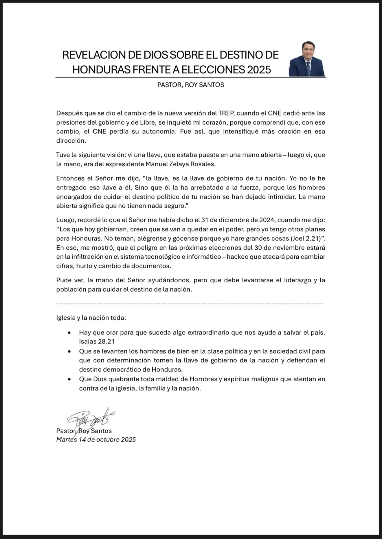 comunicado pastor roy santos