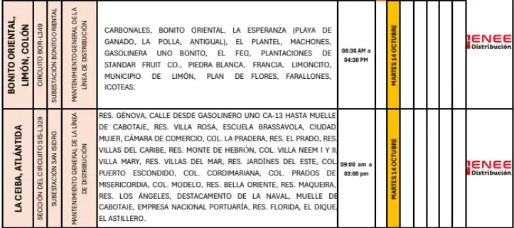 Lista de lugares programados para los cortes de energía eléctrica.