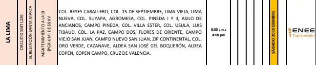 Lista de lugares programados para los cortes de energía eléctrica.