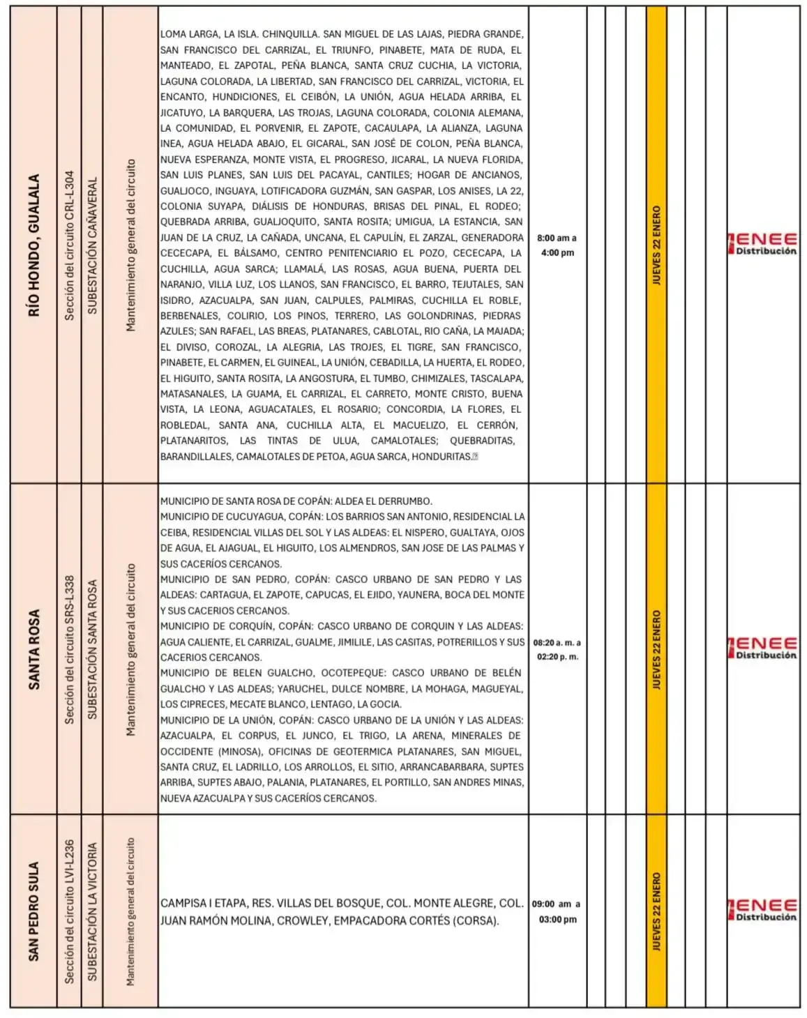 Lista de lugares afectados por los cortes de energía. 