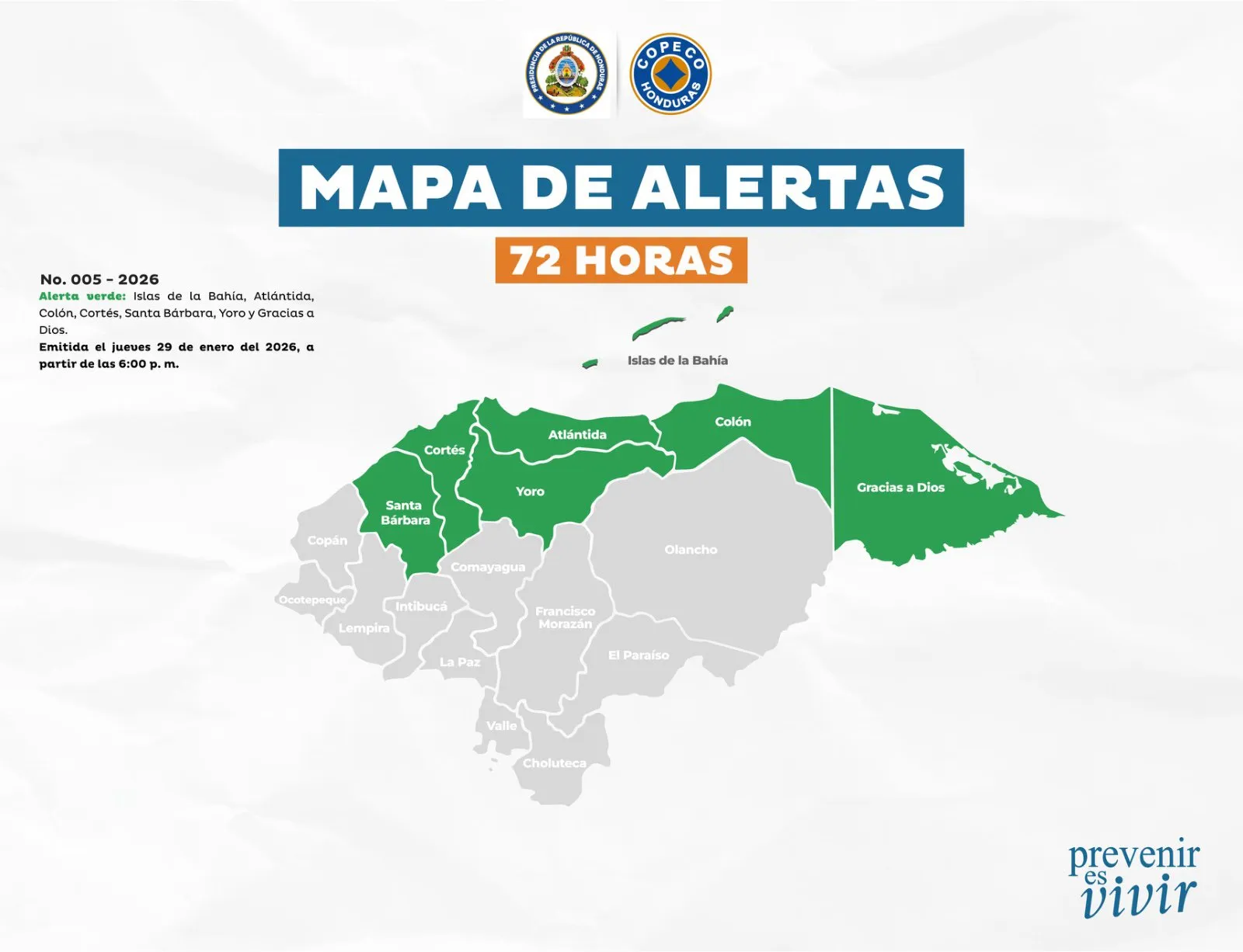 Mapa de alerta verde emitido por COPECO