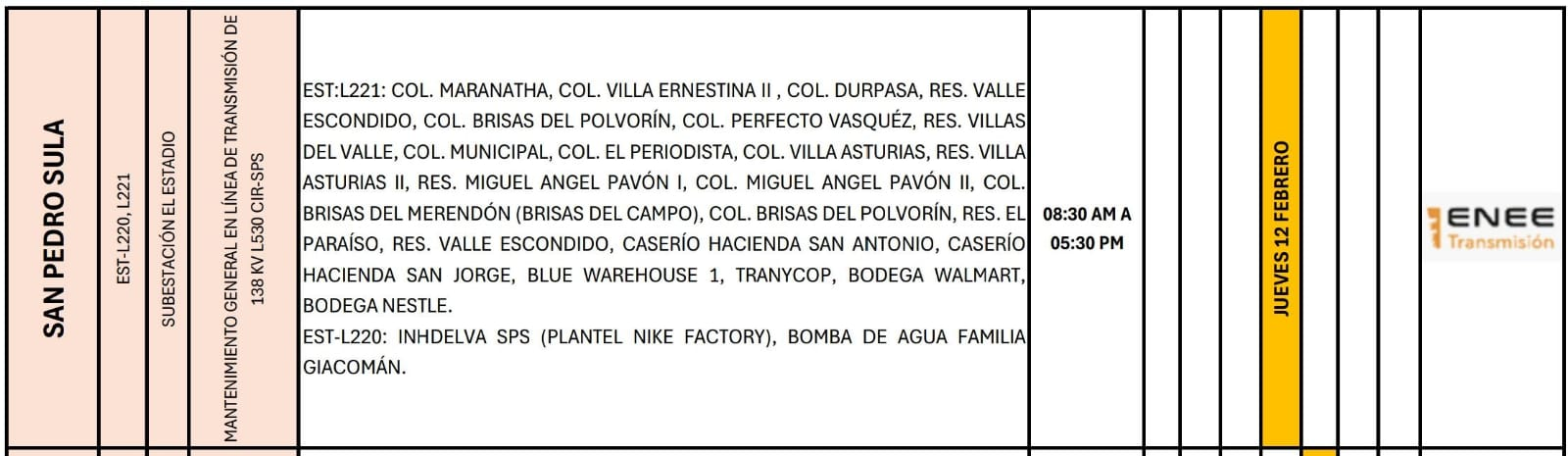 Lugares que se quedaran sin energía eléctrica