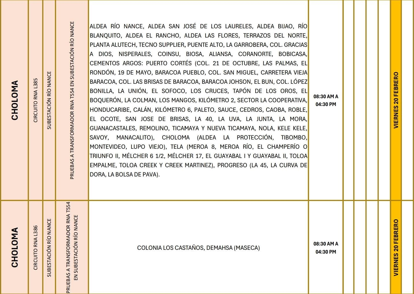 Lugares que se quedaran sin energía eléctrica.