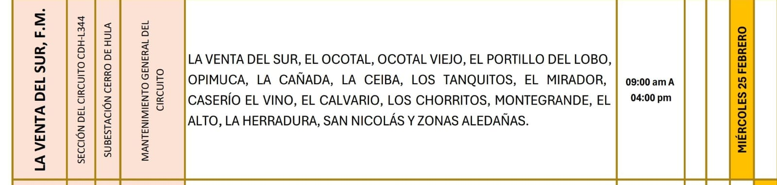 Lugares que se quedaran sin energía eléctrica.