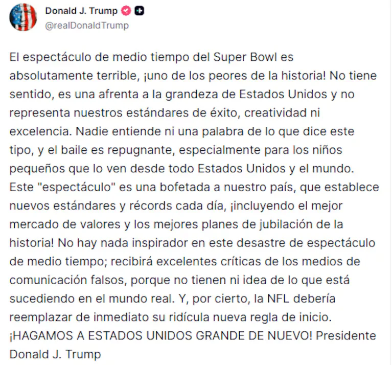 Publicación de Donald Trump tras evento del Super Bowl. 