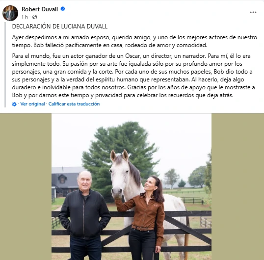Captura de pantalla de publicación en Facebook de la cuenta de Robert Duvall. Foto: cortesía 