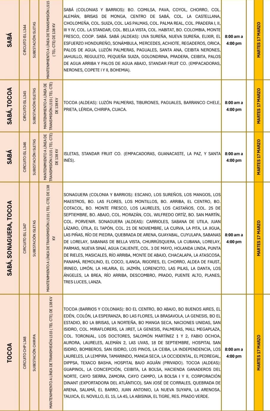 Lugares que se quedarán sin energía eléctrica