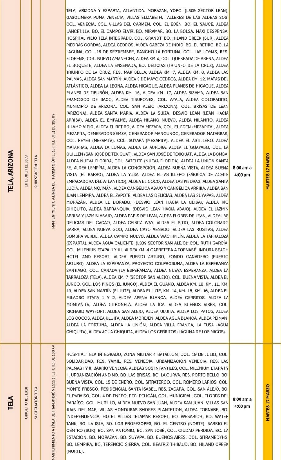 Lugares que se quedarán sin energía eléctrica