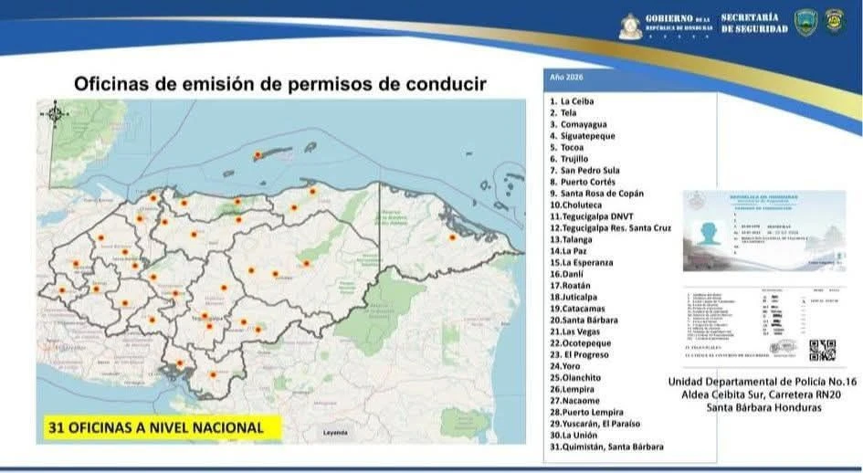 Mapa de oficinas disponibles de la DNVT Honduras