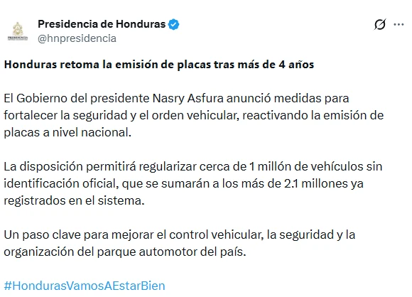El Gobierno de Honduras anunció en su cuenta de X la implementación de estas nuevas placas inteligentes. Foto: Captura de pantalla 