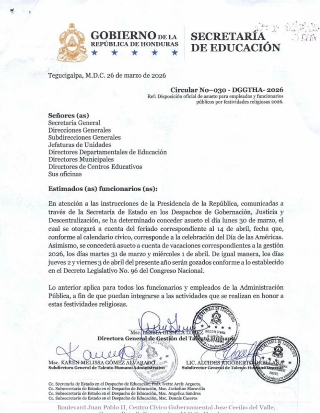 La circular, emitida en Tegucigalpa el 26 de marzo de 2026, cuenta con el respaldo de la Dirección General de Gestión del Talento Humano. Foto: cortesía de Facebook 