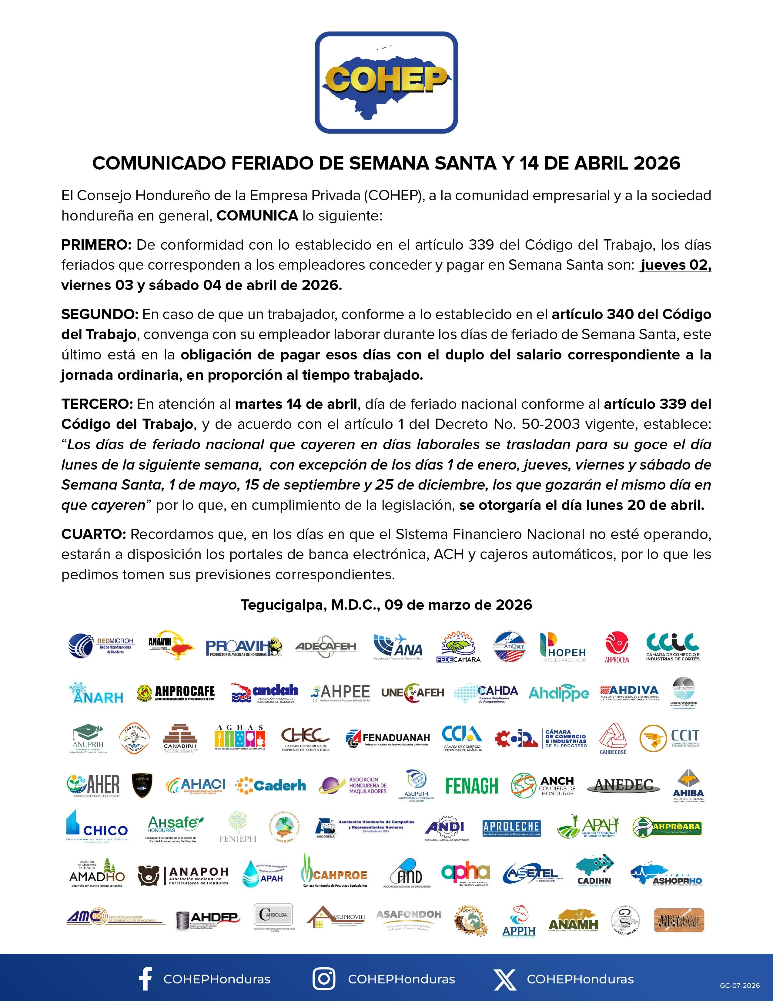 Comunicado de prensa del Cohep sobre feriado de Semana Santa 2026. Foto: cortesía de X