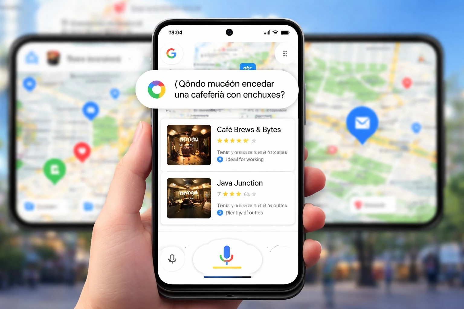Imagen una mano sosteniendo un celular con la aplicación de Google Maps.  Foto: creada con IA