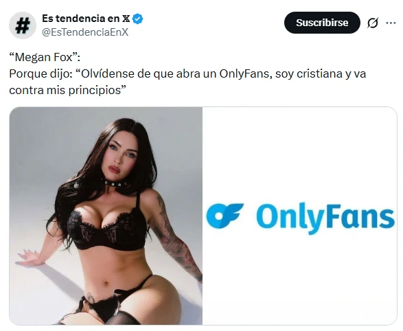 Captura de pantalla de publicación en X sobre una supuesta declaración de Megan Fox. Foto: tomada de Internet 